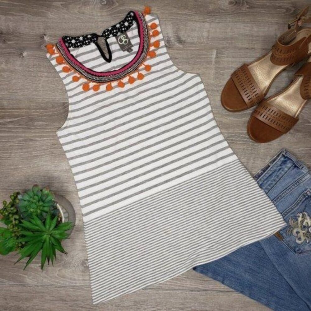 One September Anthropologie Striped Sleeveless Top With Pom Pom Trim embellished